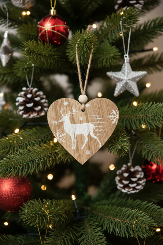 Lot de 2 Décorations Artisanales de Noël en Bois - Coeur / Renne