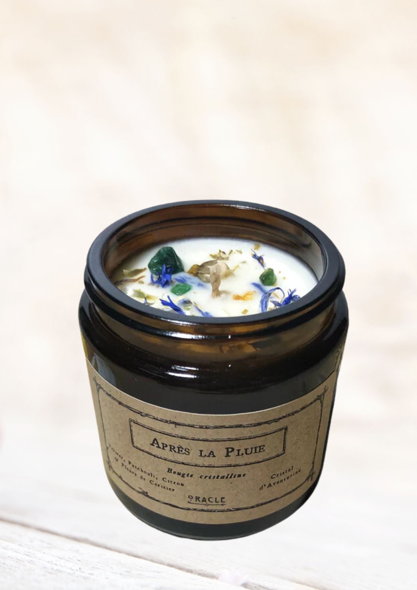 Bougie "Après la Pluie " Vétiver, Patchouli, Citron, Menthe verte & Fleurs de Cerisier, Aventurine verte