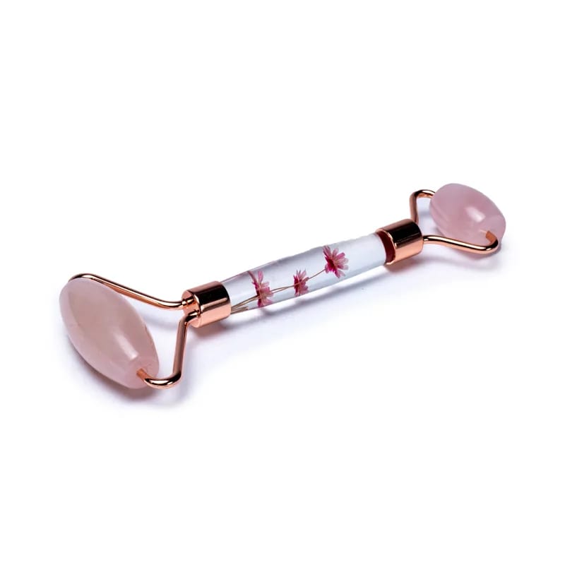 Rouleau de massage en Quartz rose et fleurs roses dans le manche
