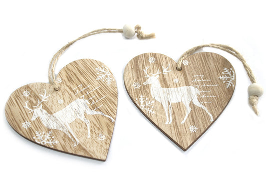 Lot de 2 Décorations Artisanales de Noël en Bois - Coeur / Renne