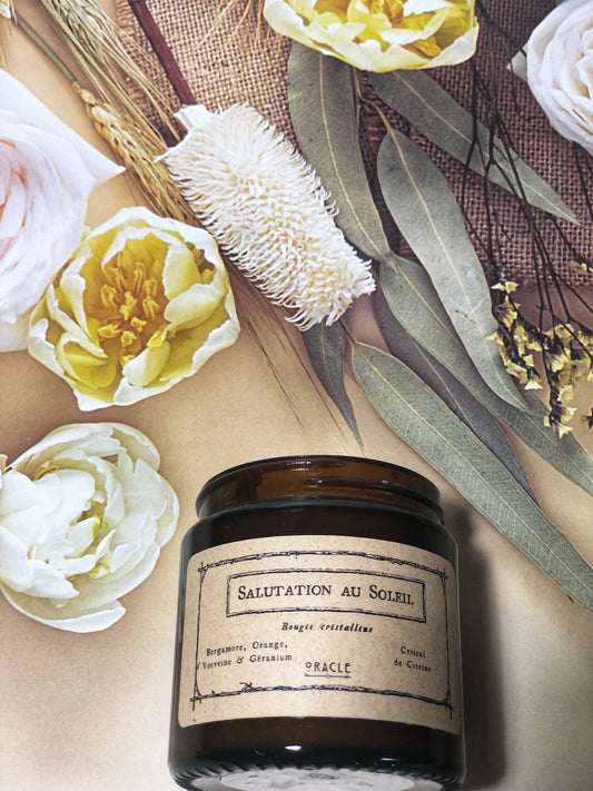 Bougie "Salutation au Soleil " Bergamote, Verveine citronnée, Orange douce, Petitgrain & Géranium Rosat, Citrine