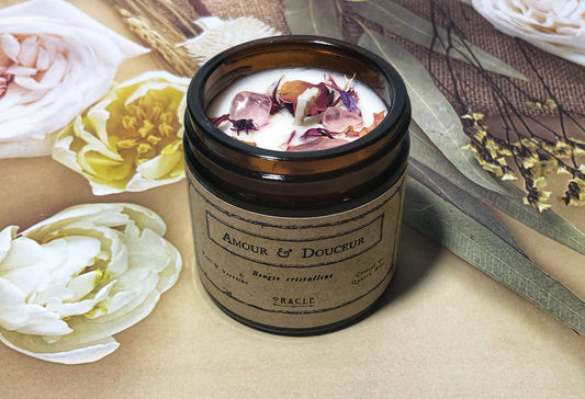 Bougie "Amour et Douceur" Rose et Verveine, cristal de Quartz rose