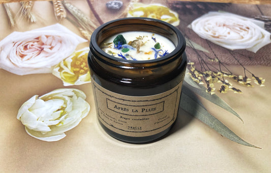 Bougie "Après la Pluie " Vétiver, Patchouli, Citron, Menthe verte & Fleurs de Cerisier, Aventurine verte