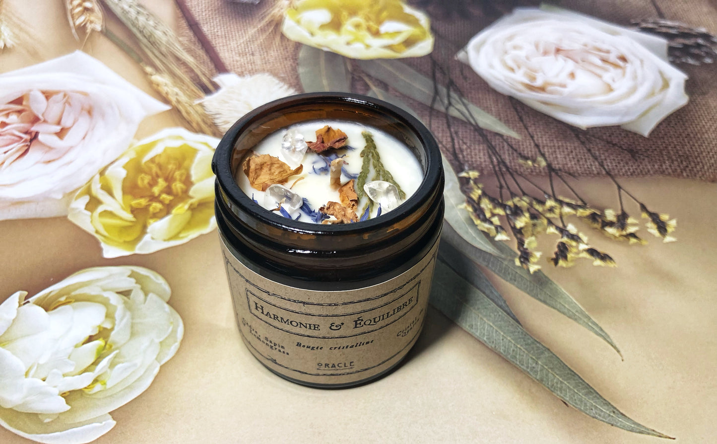 Bougie "Harmonie et Équilibre" Cèdre, Sapin et Lemon grass, cristal de Roche