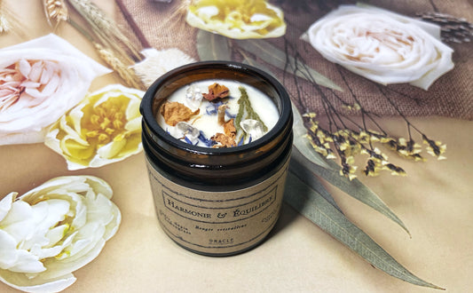 Bougie "Harmonie et Équilibre" Cèdre, Sapin et Lemon grass, cristal de Roche