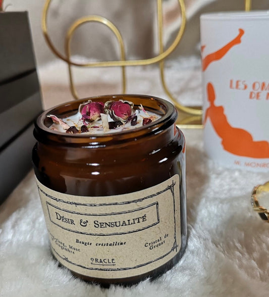 Bougie "Désir et Sensualité" Ylang-ylang, Musc et Gingembre, cristal de Grenat