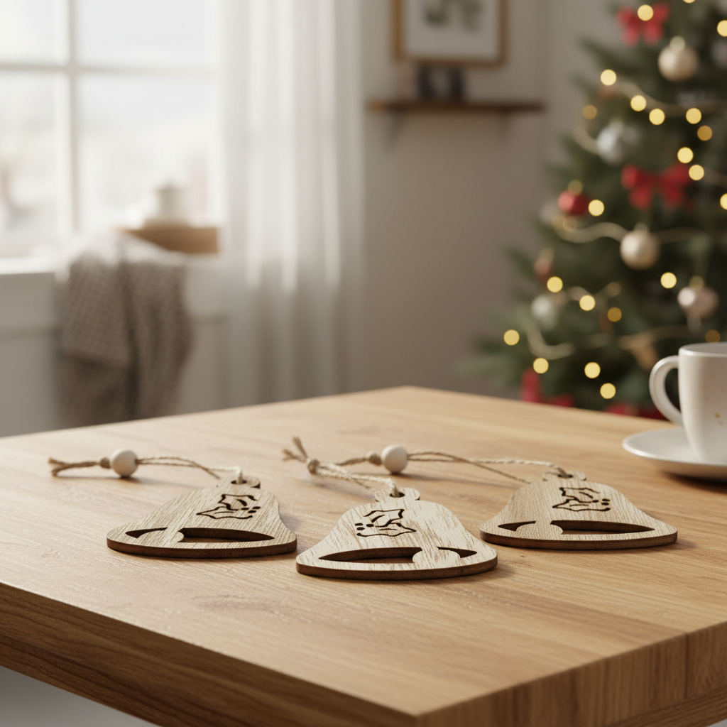 Lot de 3 Décorations Artisanales de Noël en Bois - Cloche
