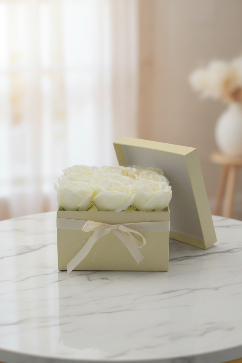 Bouquet de fleurs de savon - Roses blanches - Carré