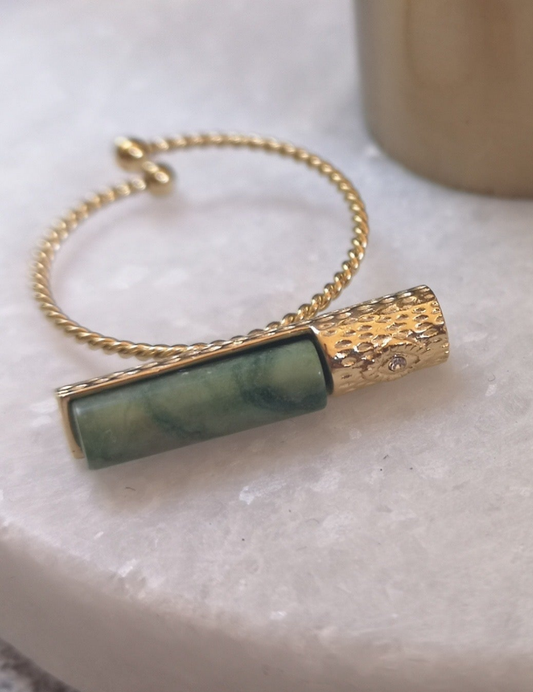 Golden cyle ring with green jasper stone and white zirconia eye
