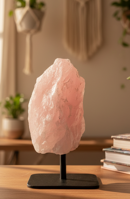 Quartz rose brut avec support