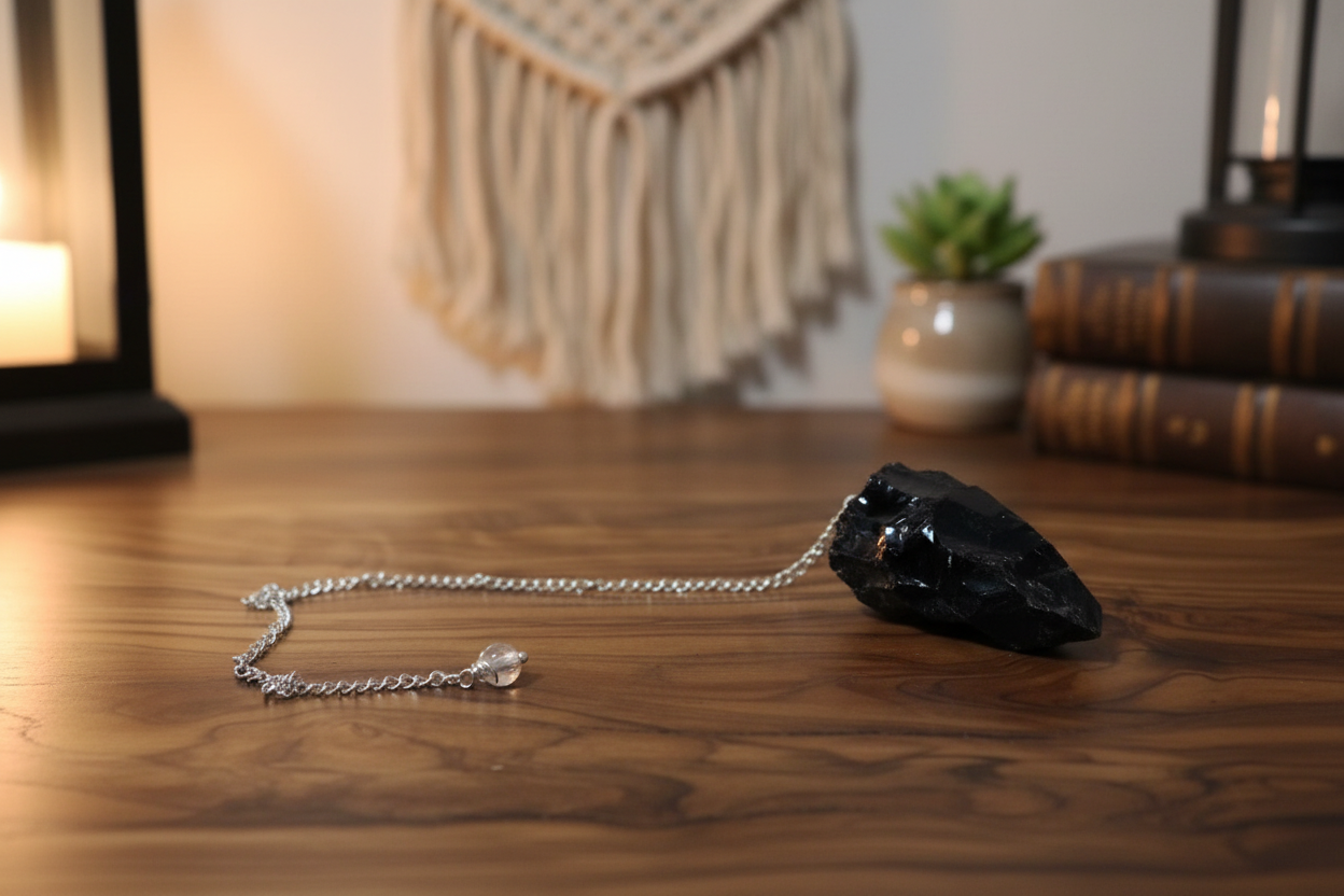 Rough black obsidian pendulum