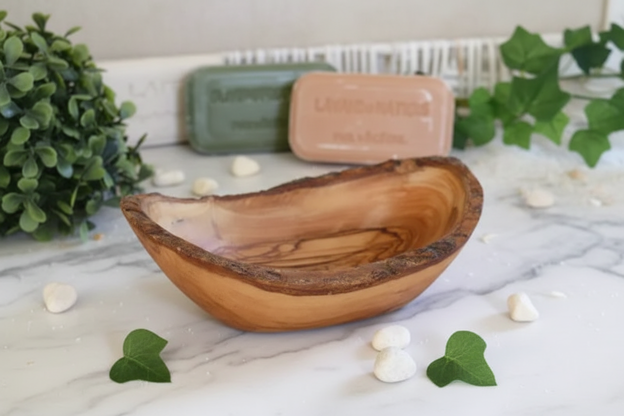 Porte-savon en bois d'olivier rustique + rainures Taille M